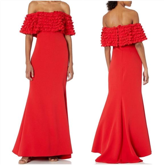 Badgley Mischka Petal Detail Off Shoulder Gown - Picture 3 of 14